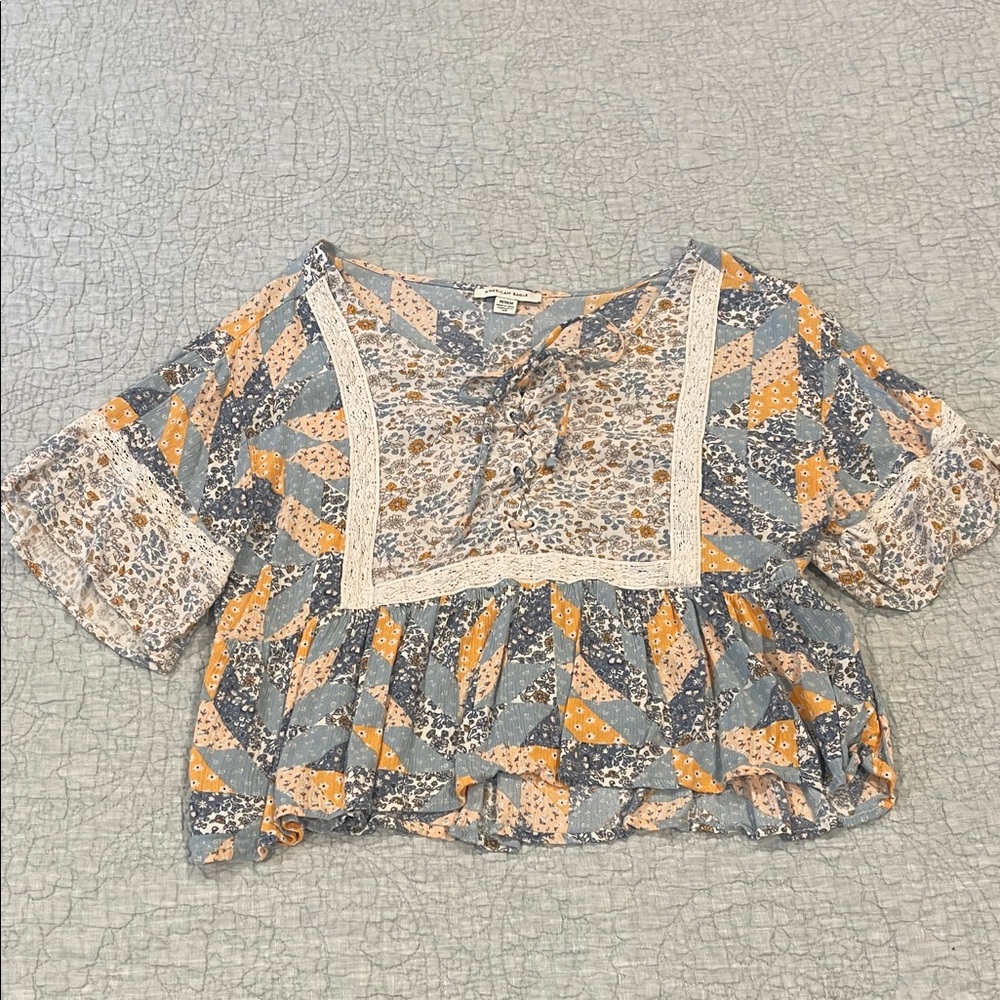 American Eagle Outfitters Geometric Patchwork Blouse - Blue and Yellow
